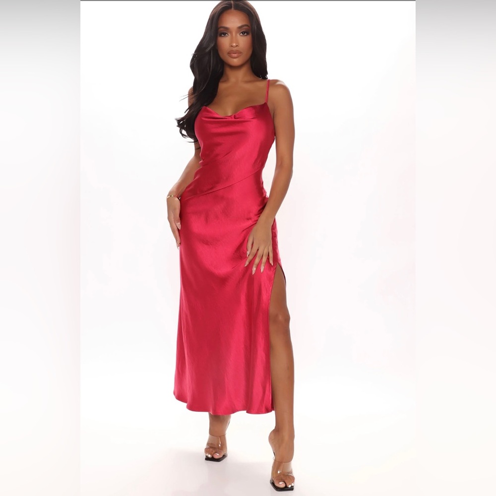 Red satin maxi dress with slit and spaghetti straps